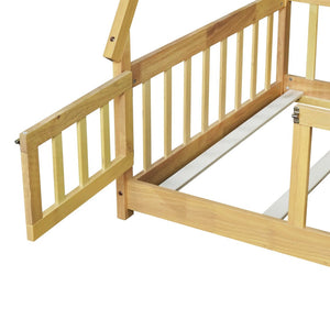 English Elm Twin Tent-Shaped Floor Bed With Guardrails, Playful Design, Natural Wood Finish, Safe & Cozy Space W504P345783-GIGA