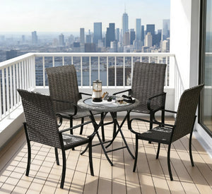 English Elm Set of 4 Pe Rattan High Back Arm Dining Chairs Powder Coated Steel Outdoor Use T3971P429317
