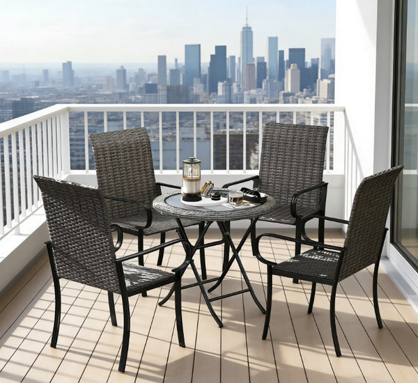 English Elm Set of 4 Pe Rattan High Back Arm Dining Chairs Powder Coated Steel Outdoor Use T3971P429317