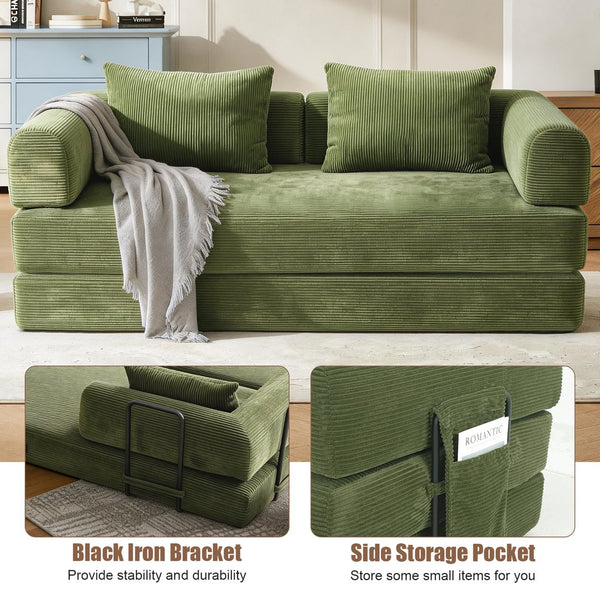 English Elm 78 Inch Corduroy Convertible Sofa Sleeper Futon with Foldable Armrests for Studio Rooms Green W5385P455028