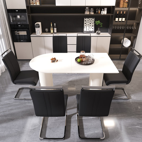 English Elm 63 Inch Cream Mdf Dining Table and Pu Leather Chair Set for Six Modern W2189S00901