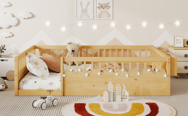 English Elm Full Montessori floor bed offering high rails, built-in light and shelf for safe independent sleep and storage Natural 79.13 L x 13 W x 6.3 H W2593P333587