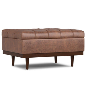 English Elm Mariah Distressed Saddle Brown Storage Ottoman Coffee Table with Tufted Vegan Leather, Lift-Up Lid and Walnut Base B136P252702
