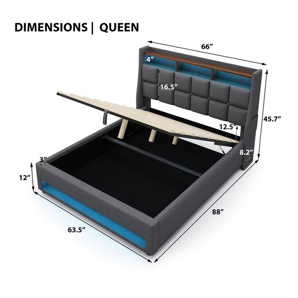 English Elm (=aa20690910g) Queen Upholstered Storage Bed with Led Lighting and Headboard Charging Ports AA20690910G-1