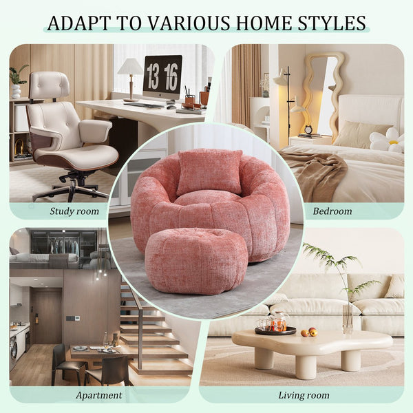 English Elm UNITED Cloud-Luxe Chenille Memory Foam Bean Bag Chair with Ottoman and Pillow for Ultimate Comfort Pink W1568P361686