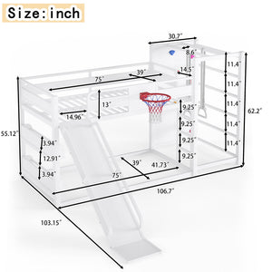 English Elm Twin Metal Loft Bed with Slide Basketball Hoop Climbing Wall and Built-in Shelves White W1580S00633