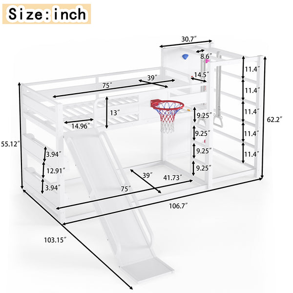 English Elm Twin Metal Loft Bed with Slide Basketball Hoop Climbing Wall and Built-in Shelves White W1580S00633