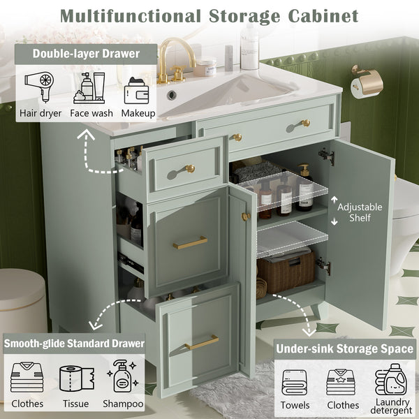 English Elm 36" Modern Bathroom Vanity with Ceramic Sink, Soft-Close Doors, Double-Layer Drawer & Storage Elegance Green N729P289163F
