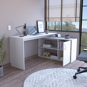 English Elm L-Shaped Desk with Right Return — Spacious 59" Work Surface, Cabinet + Shelves for Office Storage White 34.25 L x 23.62 W x 4.72 H B097S00168