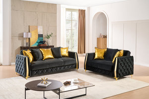 English Elm Lippa 2 Piece Quilted Polyester Sofa Set with Gold Steel Legs for Modern Living Black B009S02235