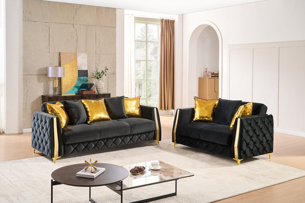 English Elm Lippa 2 Piece Quilted Polyester Sofa Set with Gold Steel Legs for Modern Living Black B009S02235