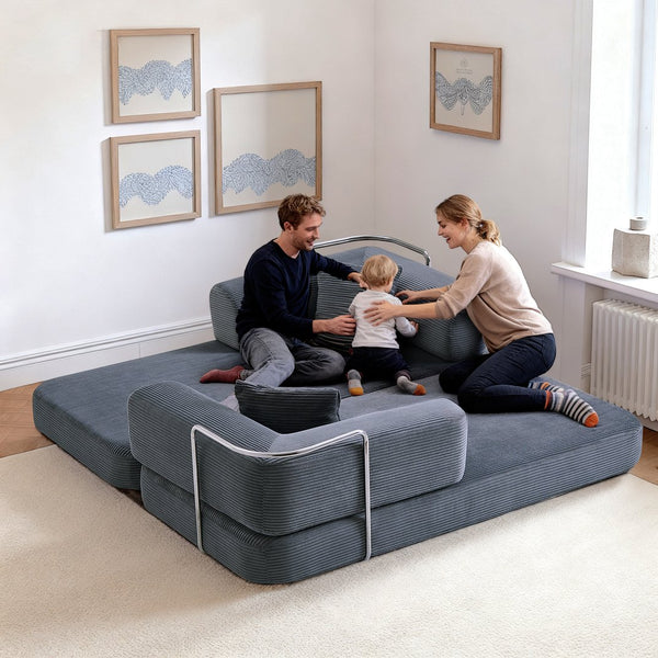 English Elm Floor Sofa Bed Modular Corduroy Convertible Lounge with Steel Frame for Living Room Antique Gray W3565P397201