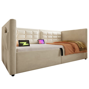 English Elm Upholstered Twin Daybed with Hydraulic Storage, Velvet Tufted Sofa Back, USB & Type-C Charging Port Beige N736P303402B