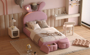English Elm Twin Upholstered Platform Bed with Cute Cartoon Ears Headboard, LED Light, Adjustable Height, Pink WF321677AAH