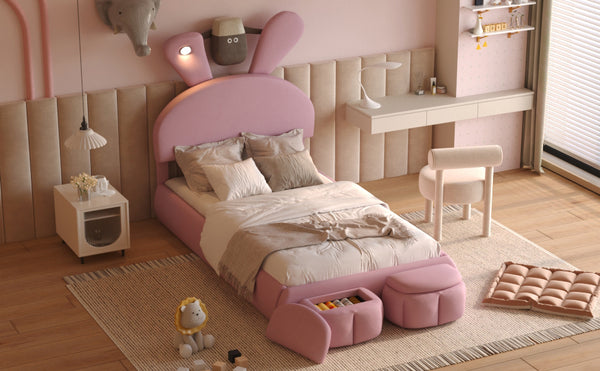 English Elm Twin Upholstered Platform Bed with Cute Cartoon Ears Headboard, LED Light, Adjustable Height, Pink WF321677AAH