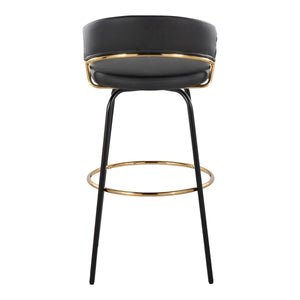 English Elm Jie Contemporary Barstool Set Of 2 With Swivel, Gold Metal Footrest & Black Faux Leather Elegance B202S00608