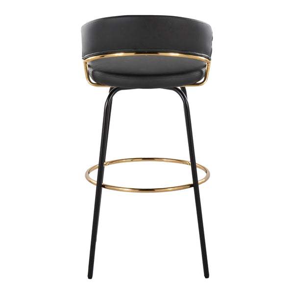 English Elm Jie Contemporary Barstool Set Of 2 With Swivel, Gold Metal Footrest & Black Faux Leather Elegance B202S00608