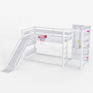 English Elm Twin Metal Loft Bed with Slide Basketball Hoop Climbing Wall and Built-in Shelves White W1580S00633