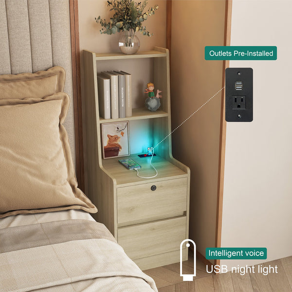 English Elm Nightstand Wood Bedside Tower with Built-in Charging Usb Ports and Voice Light W1321P352105