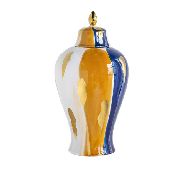 English Elm 9.8x9.8x19.1" Tall Ceramic Ginger Jar with Blue White Gold Abstract Glaze W2078P445035