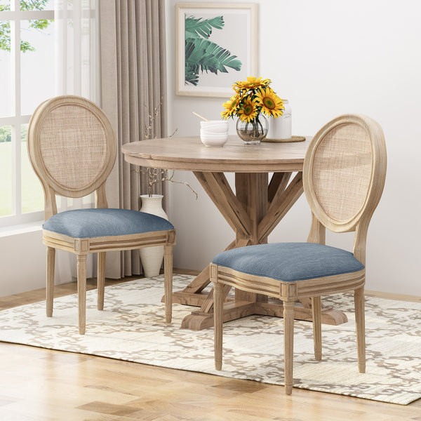 English Elm Christopher Knight Home® - DININGCHAIR Elegant Wicker & Fabric Dining Seat with Carved Legs Distressed Finish for Stylish Homes Light Blue 65165.00LBLU