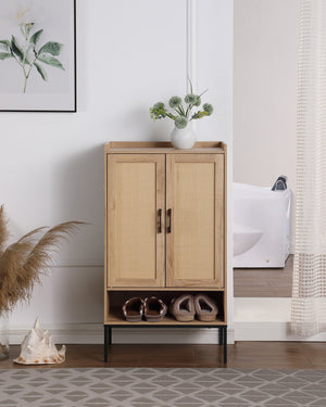 English Elm Shoe Cabinet with Rattan Doors 5-Tier Wooden Shoe Organizer Black+Natural — Ventilated Boho Storage for Entryway W3151P345852