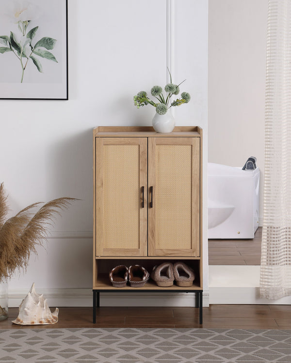 English Elm Shoe Cabinet with Rattan Doors 5-Tier Wooden Shoe Organizer Black+Natural — Ventilated Boho Storage for Entryway W3151P345852
