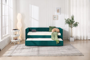 English Elm Twin Velvet Upholstered Daybed with Trundle, V-Pattern Backrest, USB Port, Side Pockets, Sturdy Design Emerald W1361S00043