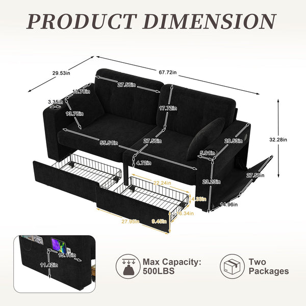 English Elm Sofas for Living Room Chenille Three Seat Couch with Usb Charging Storage and Cup Holder Black W395S00144