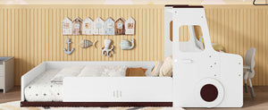 English Elm Twin Car Shaped Floor Bed with Storage Drawers and Built in Desk for Kids W1580P396323