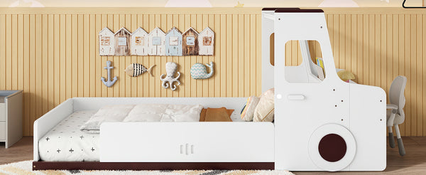 English Elm Twin Car Shaped Floor Bed with Storage Drawers and Built in Desk for Kids W1580P396323