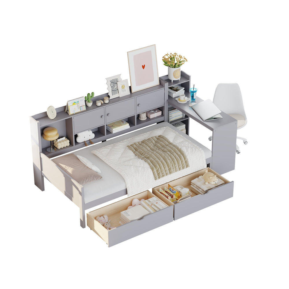 English Elm Twin L-Shape Daybed with Storage, 3 Cabinets & 2 Drawers, Built-In Desk Bookshelf, Gray Twin N733S247070E