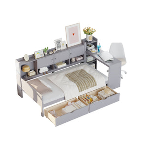English Elm Twin L-Shape Daybed with Storage, 3 Cabinets & 2 Drawers, Built-In Desk Bookshelf, Gray Twin N733S247070E