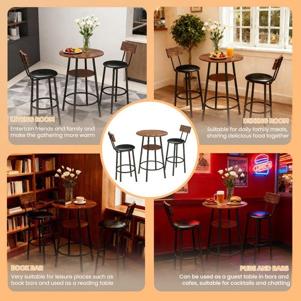 English Elm 3 Piece Bar Height Dining Set with Two Tier Storage and Pu Upholstered Stools Rustic W3204P428254