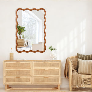 English Elm Yellowish Solid Wood 24"x36" Wavy Rectangle Mirror with Tempered Glass, Rustic Elegance for Bath & Entry W2203P389035