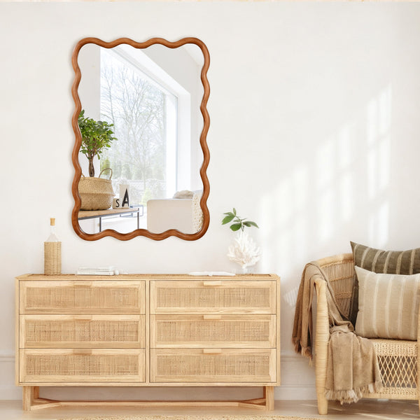 English Elm Yellowish Solid Wood 24"x36" Wavy Rectangle Mirror with Tempered Glass, Rustic Elegance for Bath & Entry W2203P389035