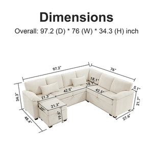 English Elm 97 Inch L-shaped Chenille Sectional Sofa with Sleeper Storage Ottoman 7 Seats Beige W1669S00017