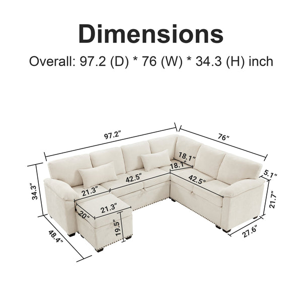English Elm 97 Inch L-shaped Chenille Sectional Sofa with Sleeper Storage Ottoman 7 Seats Beige W1669S00017