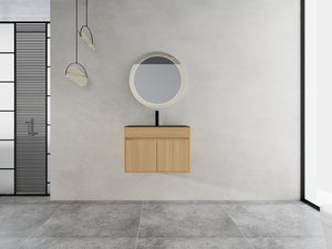 English Elm 28" Wall Mounted Bathroom Vanity with Gun-Gray Stainless Sink, Soft-Close Doors, Plywood, Oak Finish, KD W999P376889