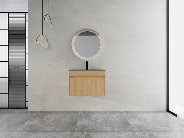 English Elm 28" Wall Mounted Bathroom Vanity with Gun-Gray Stainless Sink, Soft-Close Doors, Plywood, Oak Finish, KD W999P376889