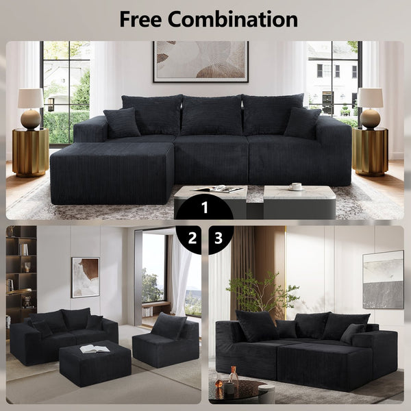 English Elm 4-Piece Modular L-Shaped Sectional Sofa with Corduroy Upholstery, Convertible Chaise, Pillows Included Black W3163S00038