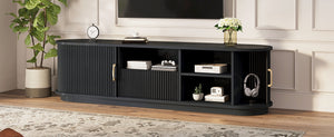 English Elm Vintage Farmhouse Media Console with Slatted Sliding Doors and Brass Hardware for Living Room Black N721P427206B