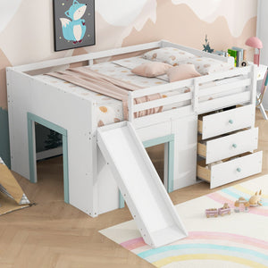 English Elm Full Size Low Loft Bed With Fun Slide, Ample Storage Drawers, And Sturdy Pine Construction - White N7090005003K