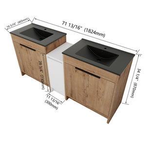English Elm 72 Inch Freestanding Bathroom Vanity With Black Ceramic Sink, Soft-Close Doors & Ample Storage W999S00324