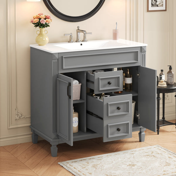 English Elm 36'' Modern Bathroom Vanity With Black Ceramic Top, Soft-Close Doors & Drawers For Stylish Storage N710P230231E