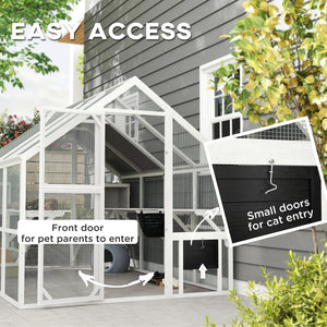 English Elm Wooden Fir Catio Outdoor Cat Enclosure with Uv Cover Platforms and Climbing Ladders T3971S00241