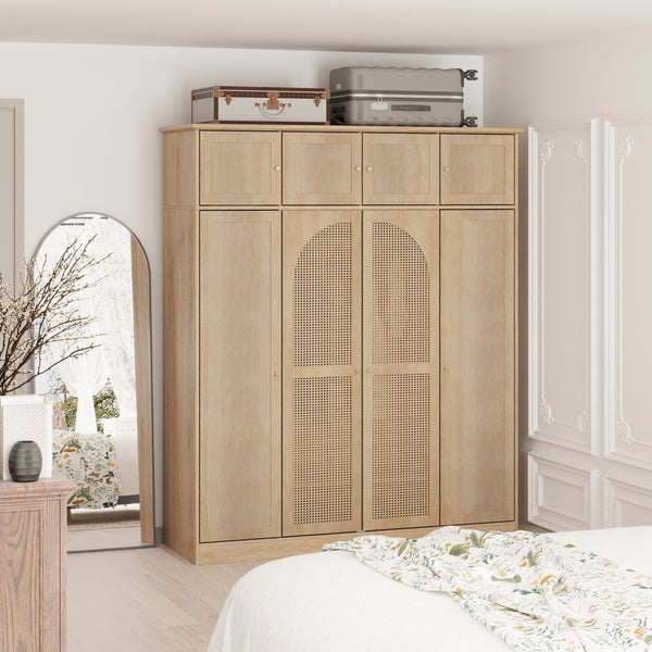 English Elm 70.87"tall Rattan Door Armoire Freestanding Wardrobe with Adjustable Shelves Hanging Rod Natural W757S00054