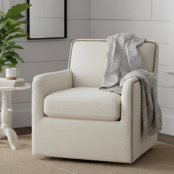 English Elm Torrance Swivel Accent Chair with Antique Brass Nailhead Trim for Modern Living Cream B050P451390