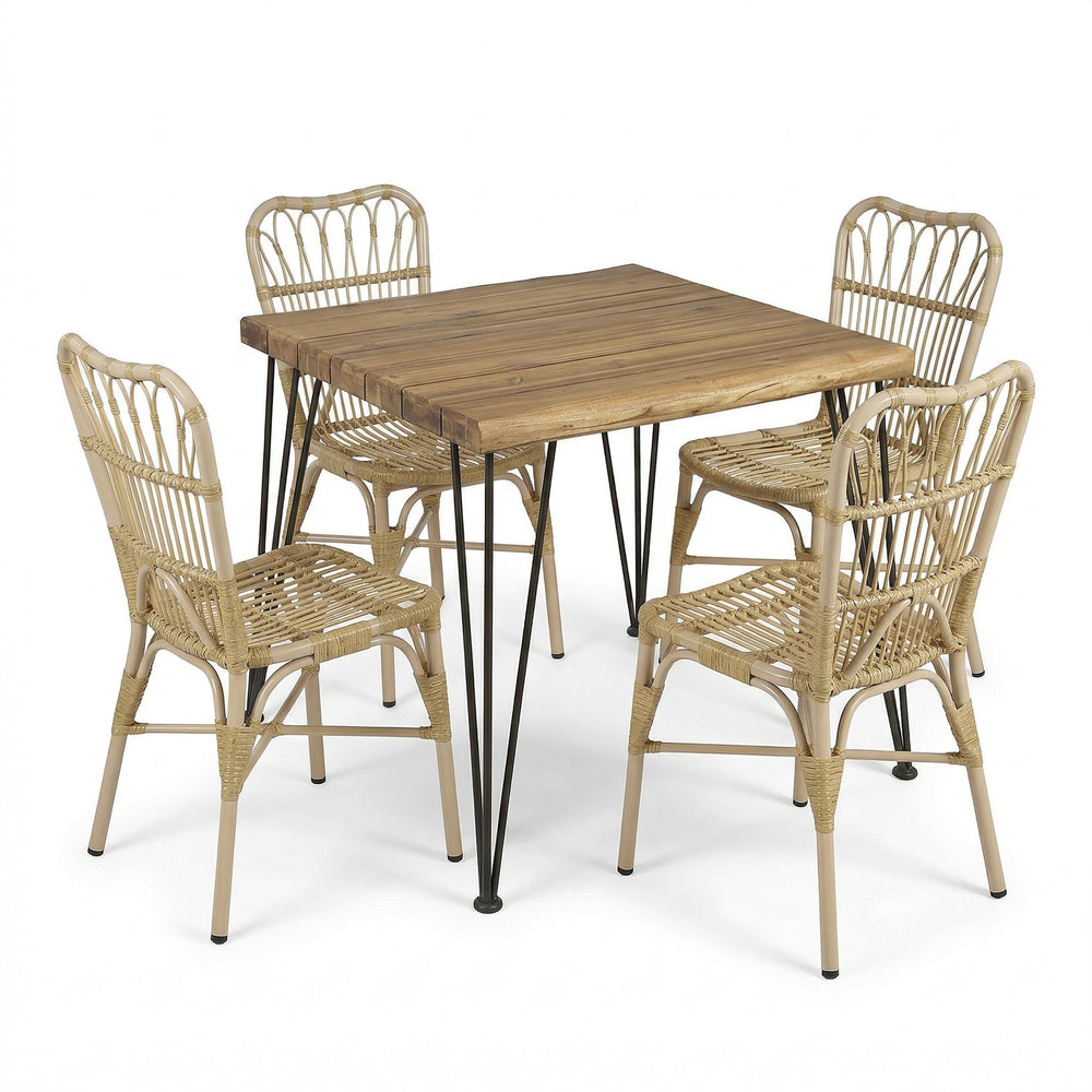 English Elm 5 Piece Outdoor Dining Set Acacia Wood Table Woven Rattan Chairs Patio Backyard N762S000013AAN