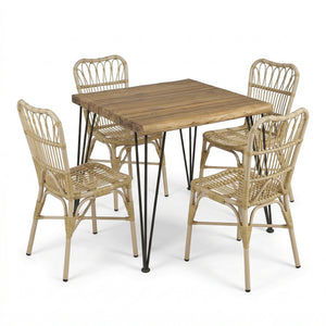English Elm 5 Piece Outdoor Dining Set Acacia Wood Table Woven Rattan Chairs Patio Backyard N762S000013AAN